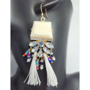 Landry long tassel Bohemian white stone beaded drop gold tone earring